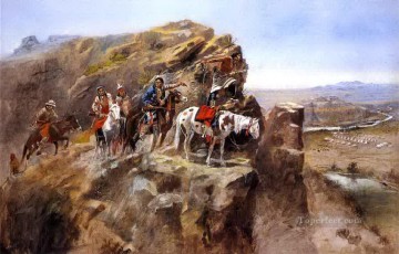 Indios en un acantilado inspeccionando tropas generales de millas Charles Marion Russell Pinturas al óleo
